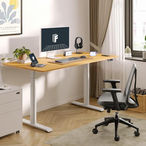 Image of FLEXISPOT E6 Pro Oval Leg Dual Motor 3 Stages Standing Desk 60x24 Inch Whole-Piece Board Electric Height Adjustable Electric Sit Stand Up Desk 150KG Load Capacity (White Frame + Maple Desktop)