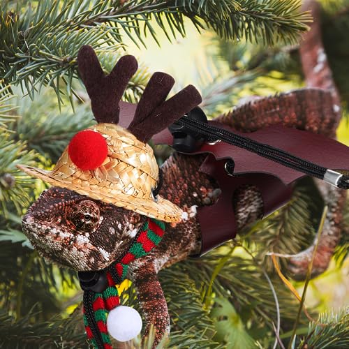 Image of Ipetboom Christmas Lizard Suit for Bearded Dragons Holiday Pet Clothing Set with Elk Hat Scarf and Leash - Comfortable and Durable Accessories for Small Lizards