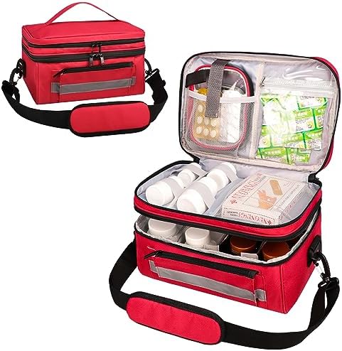 Medicine Storage Bag Pill Bottle Organizer with Shoulder Strap and Reflective Strip Family First Aid Box Double-Layer Nylon Lockable Zipper and Bottom Thermostatic Material Design for Therapist Red