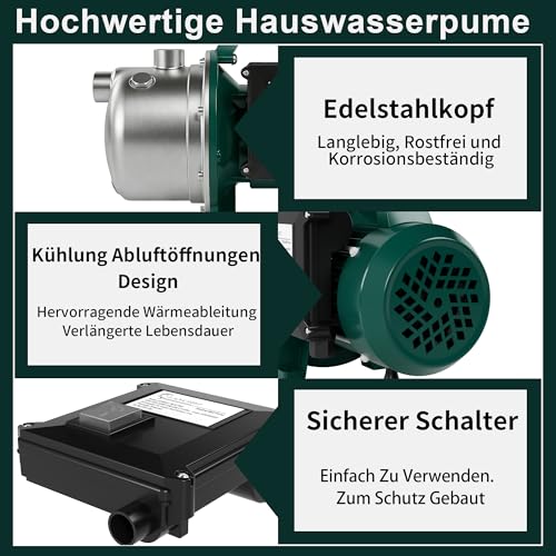 LANCHEZ Gartenpumpe 7200 l/h Fördermenge, Leistung 1100 W, 50 m Förderhöhe, Ansaughöhe bis zu 7 m, Wasserpumpe für Regenfässer, Zisternen, Gartenteiche