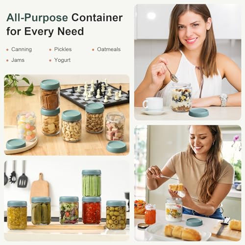 Image of NETANY 6-pack 16oz Glass jars with Airtight Lids, Overnight Oats Containers with Lids, Wide mouth Mason Salad jars, Glass Food Storage Containers for Snacks Yogurt Spice Sugar - Green