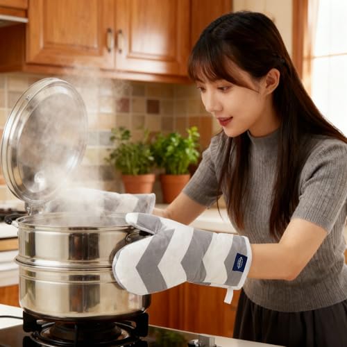 Image of Encasa XO Extra Long 18x35 cm Microwave Oven Gloves Mitts (2 pcs) for Kitchen Cooking - ZZ Grey - Heat Resistant, Thick & Safe, Protection of Hands from Hot Utensils, Gas Flame, Grill, Barbecue