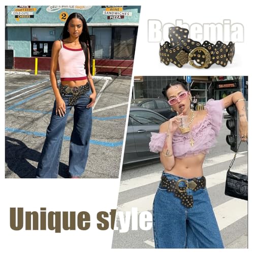 Image of SANNIDHI Women Leather Belt Dresses Stylish Vintage Boho Waist Belt Western Punk Cow Metal Buckle Belts Y2K Accessories Belt Jeans, Dresses, Skirts, Black