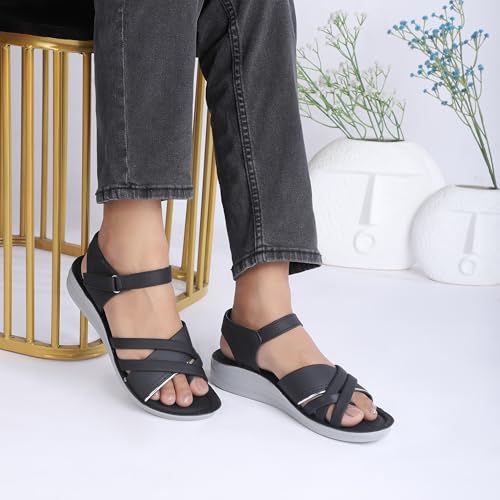 Image of Ango Women's Black Gladiator Sandals with Platform Sole, Strappy Design, Casual For Girls