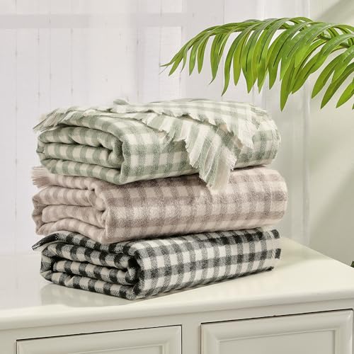 Image of CREVENT Farmhouse Boho Knitted Throw Blanket for Couch Sofa Chair Bed Home Decoration, Soft Warm Cozy Light Weight for Spring Summer Fall (50''X60'' Plaid Tan)