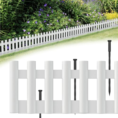 SUBTLETY 258cm Holzoptik Beeteinfassung 6 Stück 43x12cm PP Kunststoff Beetumrandung Plastik Rasenkante Biegbarer Gartenpalisade Beetzaun Flexible Mähkante Wetterfest Palisaden für Garten (Weiß)
