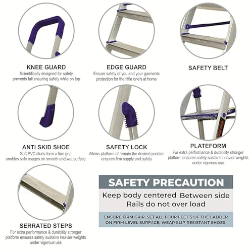 Image of Dynamo - Foldable Aluminium Step Ladder, Safety Clutch Lock, Anti Slip Steps, Knee Guard, Anti Skid PVC Shoes, 4 Steps (Aluminium, Steel, Blue)