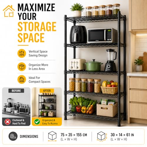 STORACK 5 Shelf Multipurpose Storage Rack 75x35x155 CM Black - Image 6