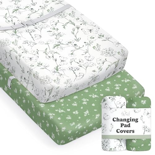 Image of Baby Changing Pad Cover 2-Pack for Boys, Girls (Butterfly Garden) - Premium Fitted Sheets Baby Diaper Changing Table Cover - Buttery Soft Cotton Blend