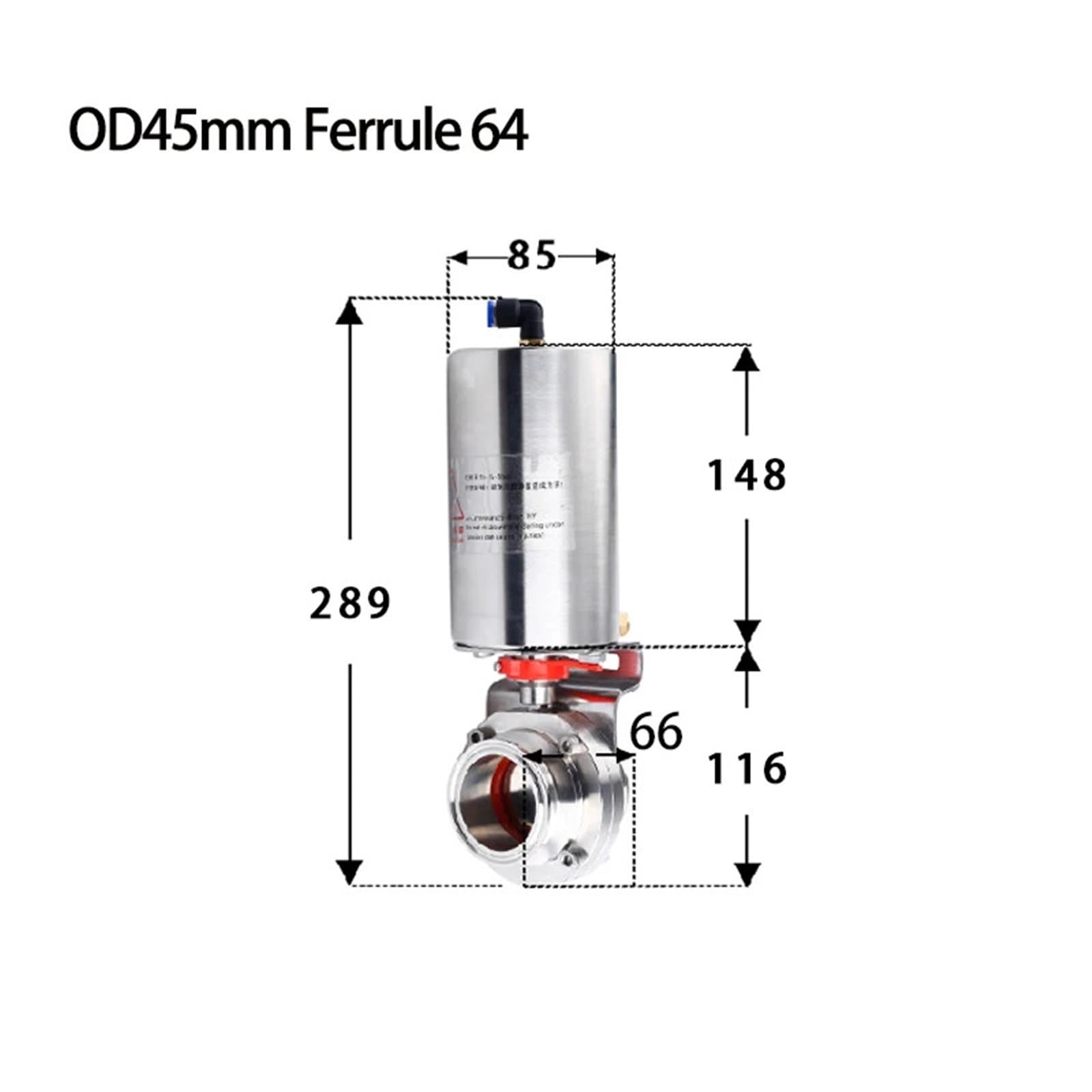 Válvula de mariposa Tri Clamp de 1,5” y 2” con actuador neumático, válvula de mariposa de simple efecto(OD45mm Ferrule 64,SUS316L)