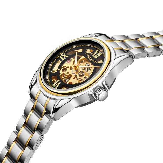 Image of Anthony James Skeleton Automatic Wrist Watches Men - Hand Assembled Water & Scratch Resistant Analogue Watch with Split Seconds Counter - Analogue Watches Men