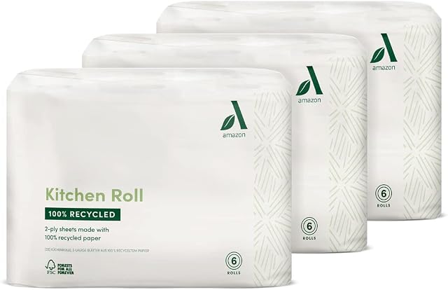 Amazon Aware Kitchen Rolls, Produced from 100% Recycled Paper, 18 x 100-sheet Rolls
