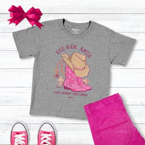 Kerusso, Faith Message, Cowboy Boots, Girls, Toddler, Sport Grey, Pink, Cotton, Kids Crew Neck T-Shirt, Yee Haw, Amen3