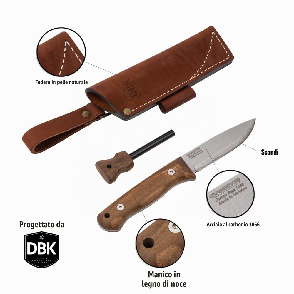 BPSKNIVES Bushmate 2.0 Progettato da DBK – Coltello Bushcraft – Coltello a Lama Fissa in Acciaio al Carbonio con Fodero in Pelle e Accendifuoco – Coltello da Campeggio Full Tang per Outdoor