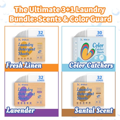 Image of BellaLuce Laundry Detergent Sheets 96 Loads, with 30 Color Catchers | 3 Scents: Fresh Linen, Lavender & Sandalwood, Plastic-Free, Hypoallergenic, Color Bleeding Protection