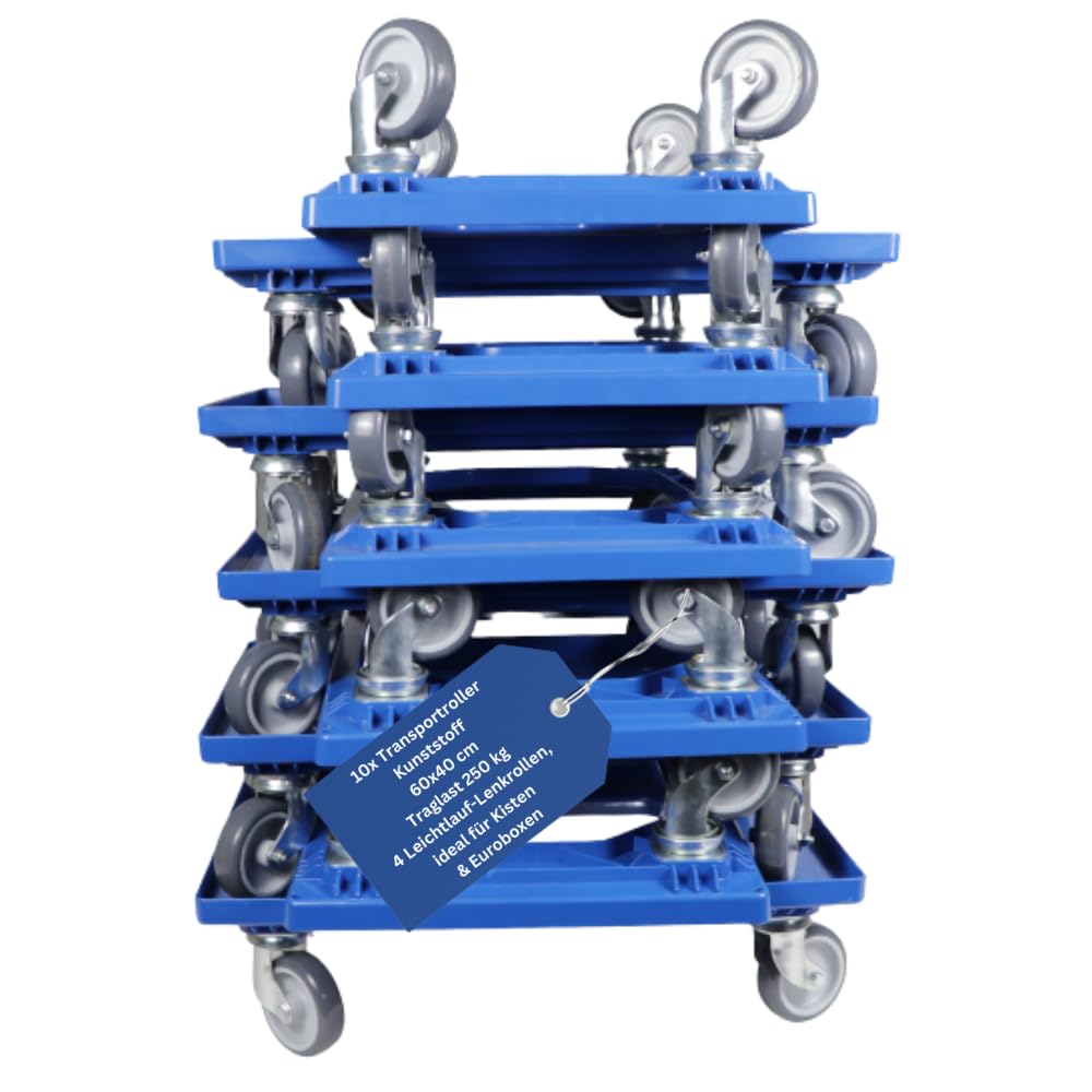 Transportroller Kunststoff 60x40 cm, Blau, 10 Stück – 4 Leichtlauf-Lenkrollen, Traglast 250 kg – ideal für Kisten & Euroboxen, stabile Transporthilfe