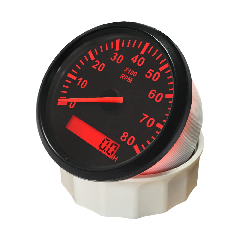 ELING Compteur de tours universel 8000 RPM Compteur de vitesse de yacht marin automatique avec rétroéclairage rouge 85 mm 9-32 V
