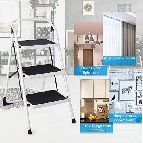Goplus 3 Step Ladder, Folding Heavy Duty Step Stool Lightweight Steel Ladder with Handgrip and Wide Anti-Slip Platform for Kitchen Shop, 340lbs Capacity (Black)