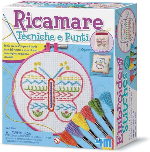 4M 00-02763 Ricamare Tecniche e Punti, Kit Ricamo Bambini, Set Fai-da-Te Crea Un Cuscino, Gioco Manuale Educativo attività Artistica e Artigianale Multicolore, Regalo Creativo, dagli 8 Anni