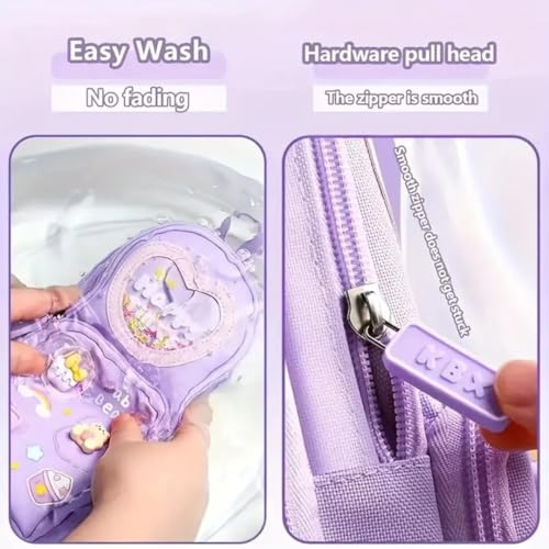 Image of Canvas Premium Pencil Case, 6 Layer, 3 Compartments, Large Capacity, Cute Aesthetic Design For Girls, Multifunctional Pouch For School Kids, purple