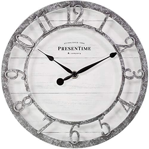 PresenTime & Co 10" Farmhouse Series Wall Clock, Quartz Movement, Shiplap Style, Raised 3D Arabic Numeral, Galvanized Finish