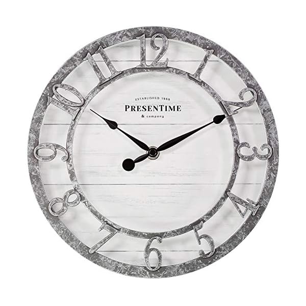 PresenTime & Co 10" Farmhouse Series Wall Clock, Quartz Movement, Shiplap Style, Raised 3D Arabic Numeral, Galvanized Finish