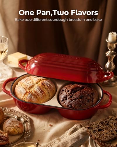 Image of Sourdough Bread Baking Kit with Double Loaf Cast Iron Bread Pan, Red | Bakes two mini loaves at once with banneton proofing baskets included