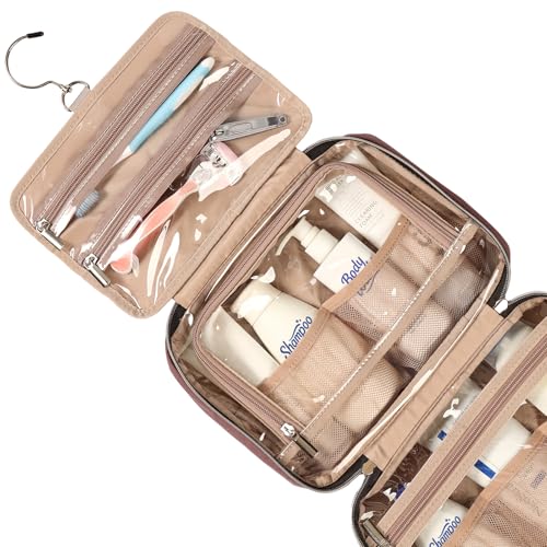 Image of NISHEL Travel Toiletry Bag for women, Portable Hanging Organizer for Travel-Sized Shampoo, Conditioner, Brushes Set, Makeup Accessories, Medium Size, Rosewood-Pink