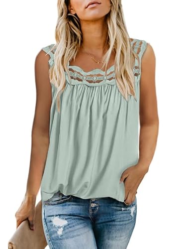 Dokotoo Womens Sleeveless Top Square Neck Lace Crochet Tunic Shirts Flowy Solid Color Summer Tank Tops Hollow Out Sexy Blouses For Women Casual Fashion T Shirts Green S(Us 4-6) #TOP30