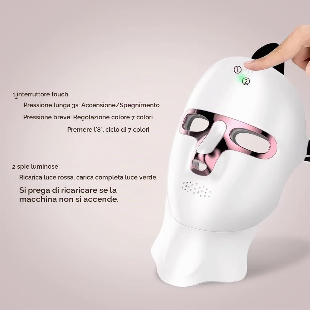Maschera facciale a LED a 7 colori Viso e collo Photon Ringiovanimento della pelle Sbiancamento, Antirughe, illuminante, Anti-età ricaricabile Cura del viso Trattamento di bellezza