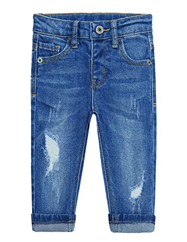Image of KIDSCOOL SPACE Baby Girl Boy Jeans,Little Kid Elastic Band Inside Ripped Denim Jeans Pants