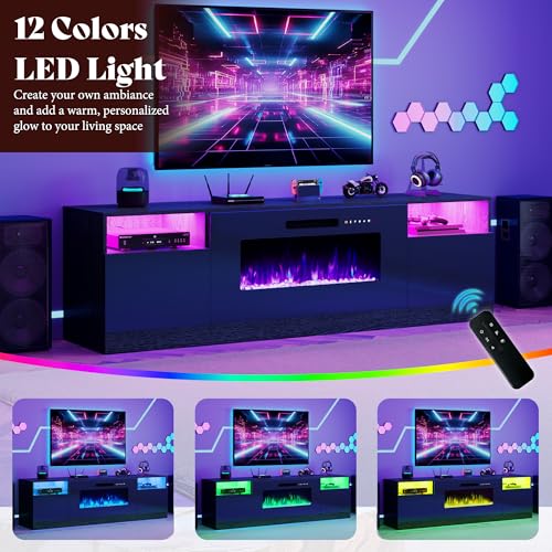 Image of AMERLIFE 80 inch Fireplace TV Stand for TVs up to 90 inch, Modern TV Console with 40 inch Electric Fireplace & High Gloss Storage Cabinets, Media Entertainment Center with 12 Colors LED Lights, Black