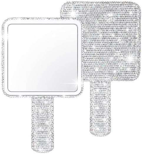 Set of 2 Handheld Handbag Mirrors - Pink Heart & Silver Square Rhinestone Encrusted, Durable Glass & Acrylic, Compact for Travel - Glamorous Beauty Accessory for Daily Use Home or Out image 3