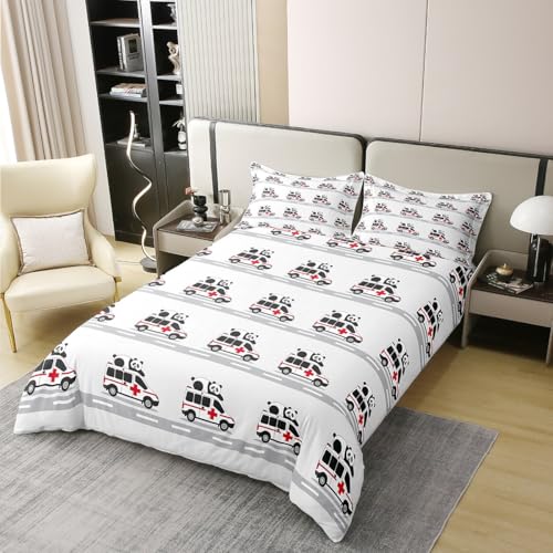 Erosebridal Panda Ambulance 100% Cotton Comforter Cover King for Kids Teens Adults,Cartoon Medical Vehicles Duvet Cover,Cute Animal Bedding Set,Emergency Vehicle Bed Set with 2 Pillow Shams Cozy