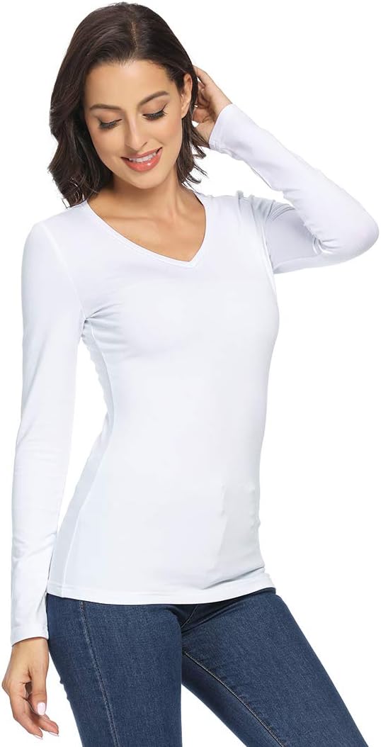 Women's Plain Long Sleeve V-Neck T-Shirt Basic Casual Slim Cotton Tops