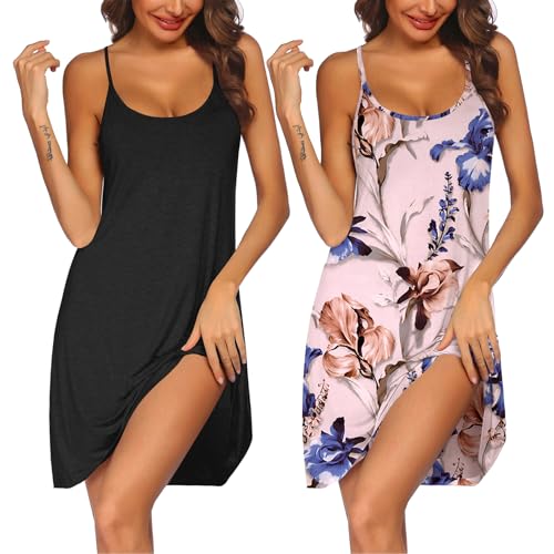 Image of Ekouaer 2 Pack Nightgown for Womens Nightshirt Sleepwear Sleep Tank Chemise Racerback Sleeveless Dress