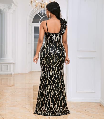 Image of Cololura Women Sexy Elegant Sequin High Split Ruffled Hem Mermaid Party Cocktail Bodycon Formal Evening Gowns Maxi Dress