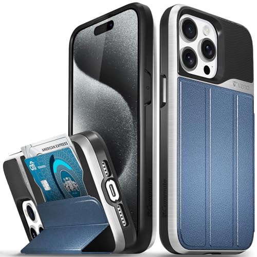 VENA vCommute for iPhone 15 Pro Max Wallet Case, [Military Grade Drop Protection] Flip Leather Cover Card Slot Holder with Kickstand - Blue