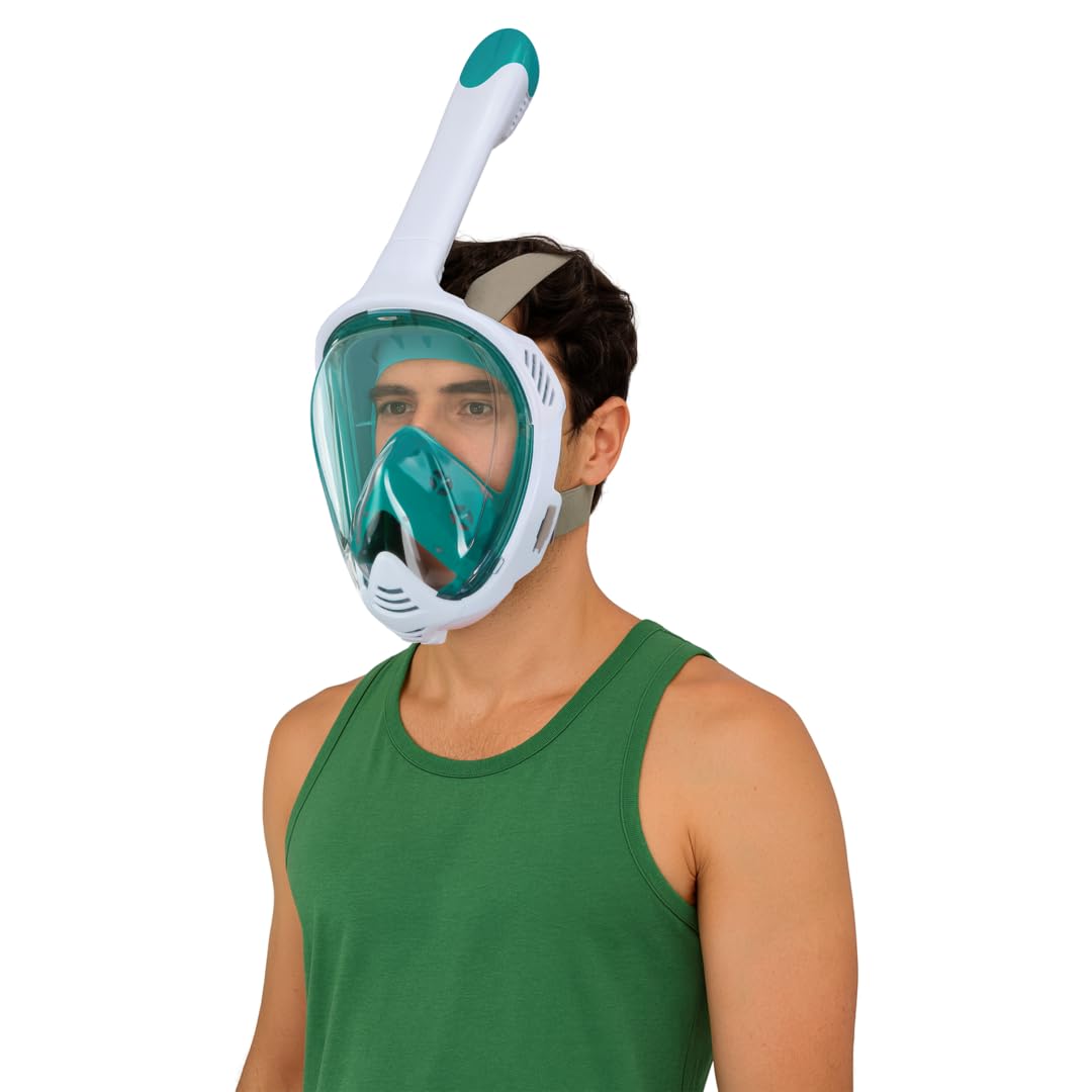 Captain Mike Máscara de esnórquel de cara completa con tapa seca, panorámica de 180°, válvula de carbono y antivaho, sistema de respiración para nariz y boca, soporte para cámara, para adultos y