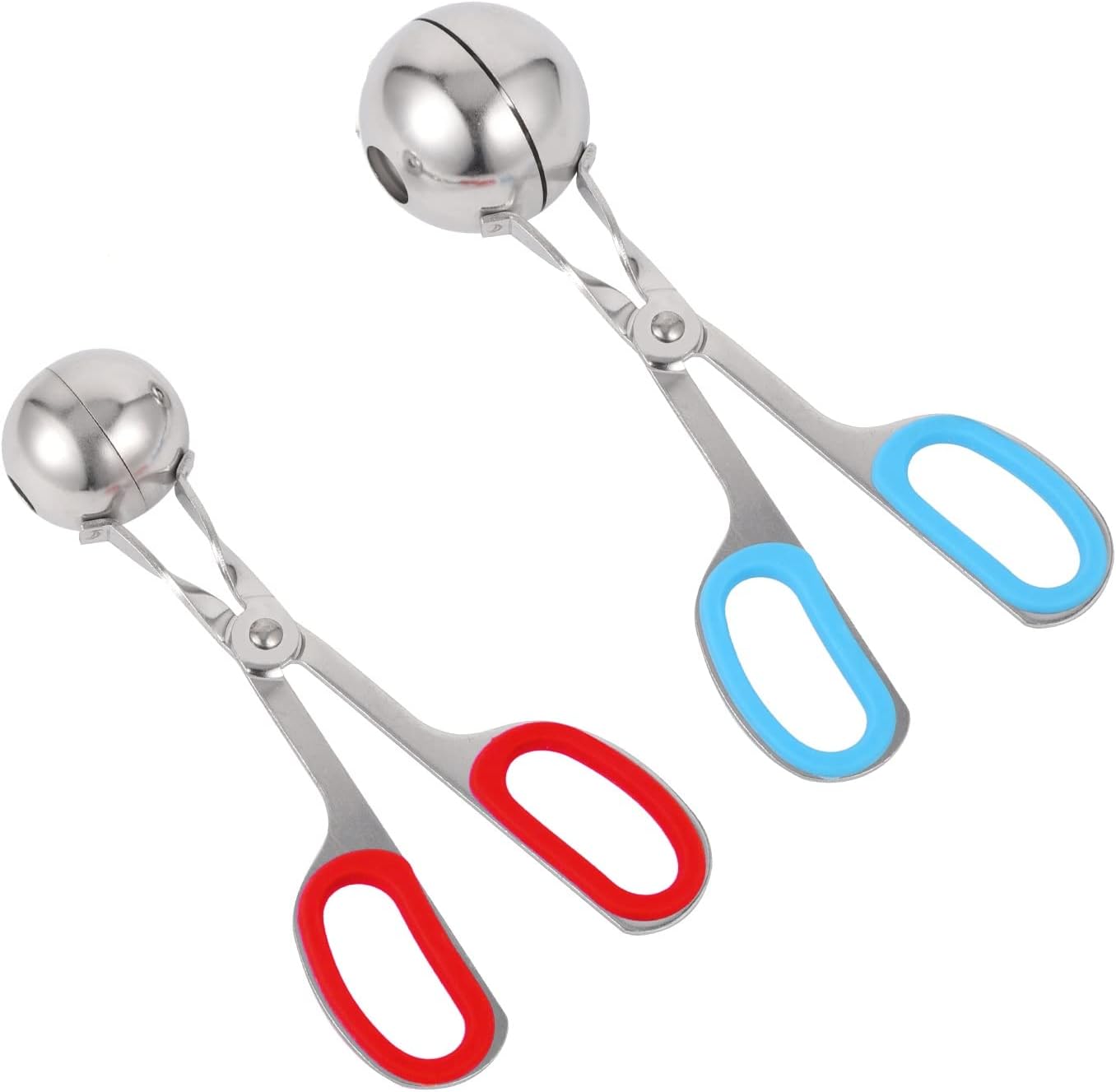metagio 2 Packs None-Stick Meat Baller, Stainless Steel Meatball Maker with Detachable Anti-Slip Handles, Meat Baller Tongs, Cake Pop, Ice Tongs, Cookie Dough Scoop for Kitchen (1.38" and 1.78")