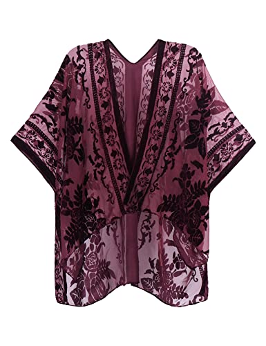 MJ SERECA Women's Burnout Velvet Kimono Cardigan Cover Up with Tassel