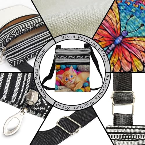 Yarn Ball Cat Messenger Bag Small Ethnic Pattern Printed Adjustable Strap Crossbody Zipper Pouch Yarn Ball Cat Phone Organizer Wallet Cute Shoulder Handbag for Women4