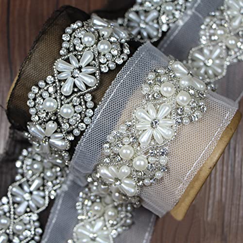Rhinestones Crystal Applique Pearl Beaded 3D Flower Lace Trim Diy Sewing Clothes Wedding Dress Accessories Mesh Fabric #TOP4