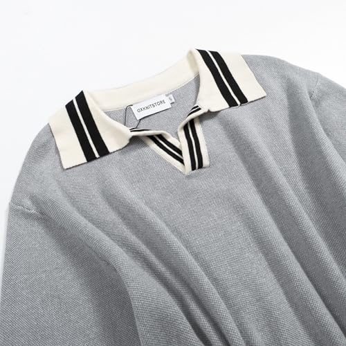 OXKNIT Men's Knitted Polo Shirts Grey V Neck Stripe Collar Summer Shirt3