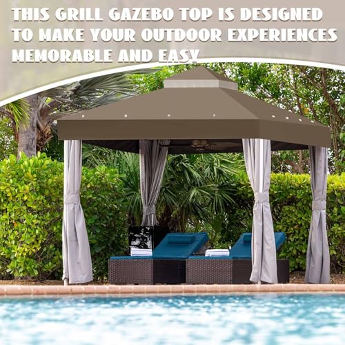 Mindsoft 10\'x12\' Gazebo Cover Canopy Replacement Top Double Tiered Outdoor Canopy Cover Waterproof Grill Patio BBQ Gazebo Roof for Garden Shelter Durable Roof(Coffee)