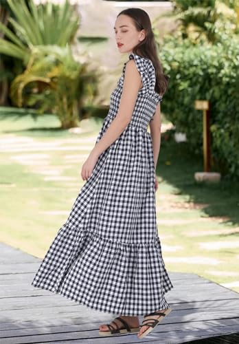 Image of chouyatou Women's Retro Plaid Smocked Dress Spaghetti Strap Flounce Long Dress
