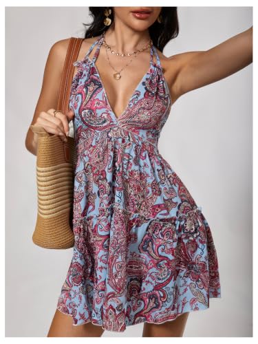 Image of SOLY HUX Women's Summer Boho Paisley Print Halter Dress Deep V Neck Tie Backless Sleeveless Mini Dresses Sundress