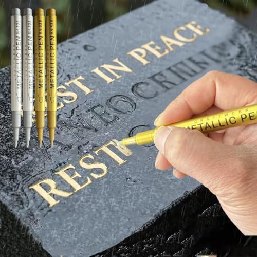 Cobakuey 4Pcs Tombstone Marker Pens, Weatherproof Quick-Dry Oil-Based Fine Tip for Restoring Faded Inscriptions on Grave Stones and Granite Surfaces (golden+silvery)