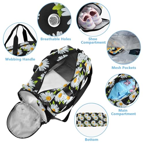 Leaves Floral Black Kids Travel Duffel Bag for Boys Girls Overnight Weekend Tote Bag with Shoes Compartment for Trip Beach Swim4