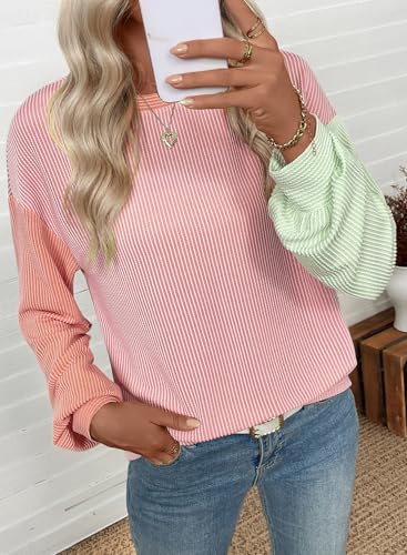 EVALESS Womens Long Sleeve Tops Fall Fashion 2025 Crewneck Color Block Ribbed Knit Casual Loose Fit Pullover Shirts2